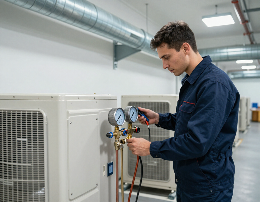 Técnico de climatización dando mantenimiento a un sistema de aire acondicionado
