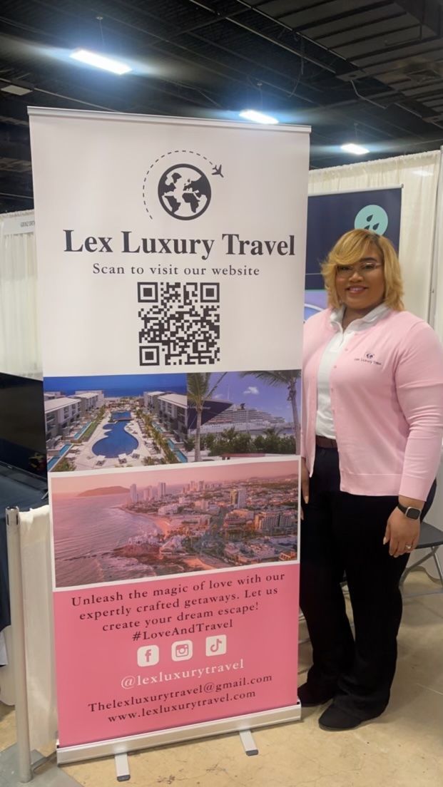 Lex Luxury Travel banner displayed at a community travel event
