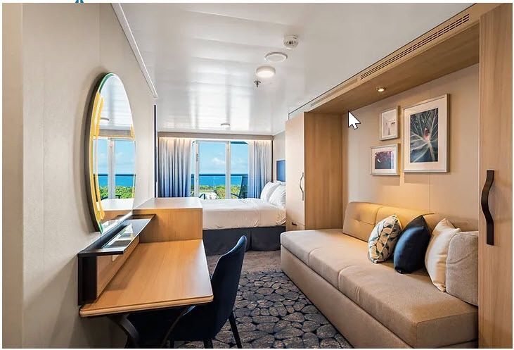 Balcony cruise cabin bedroom with modern amenities for Super Cruise 2026