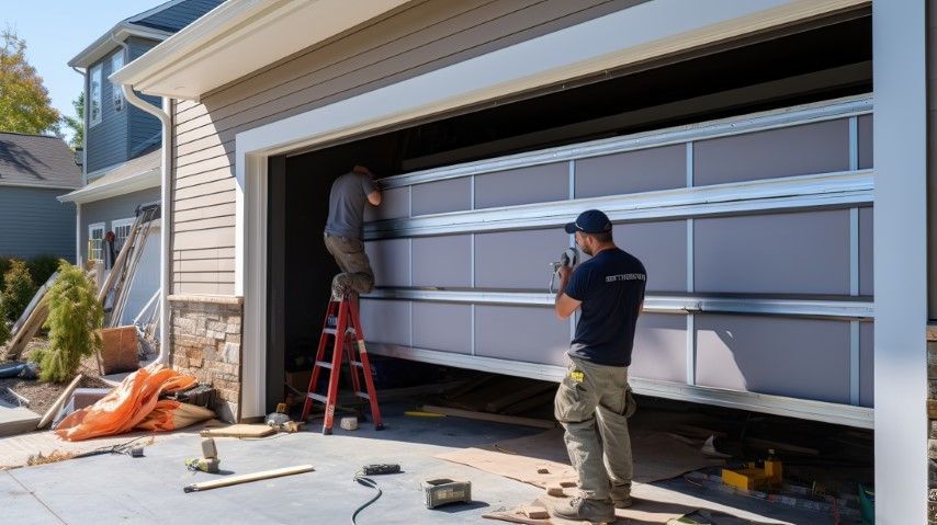 Workers installing a gray garage door on a suburban home, one on a ladder and one holding a tool.