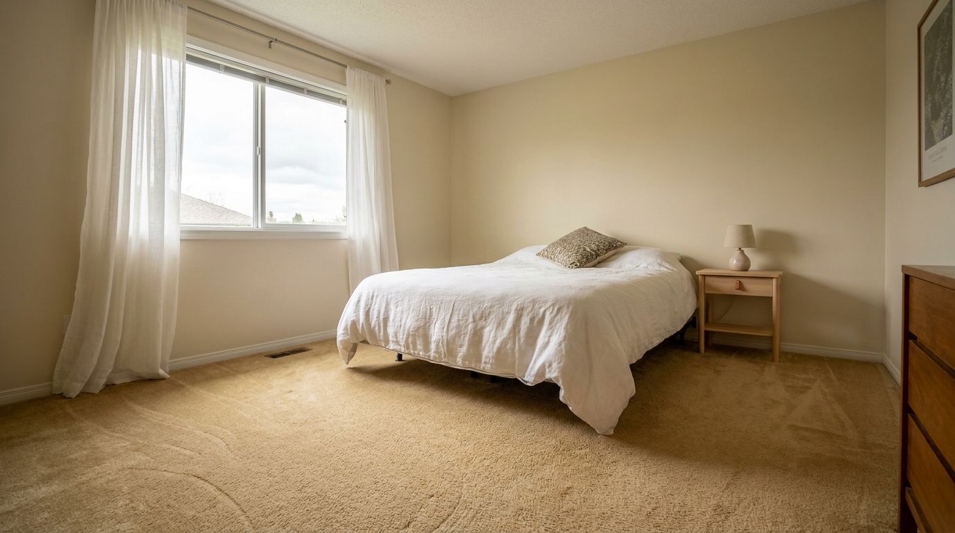 Soft, textured warm-toned carpet in a cozy, sunlit bedroom