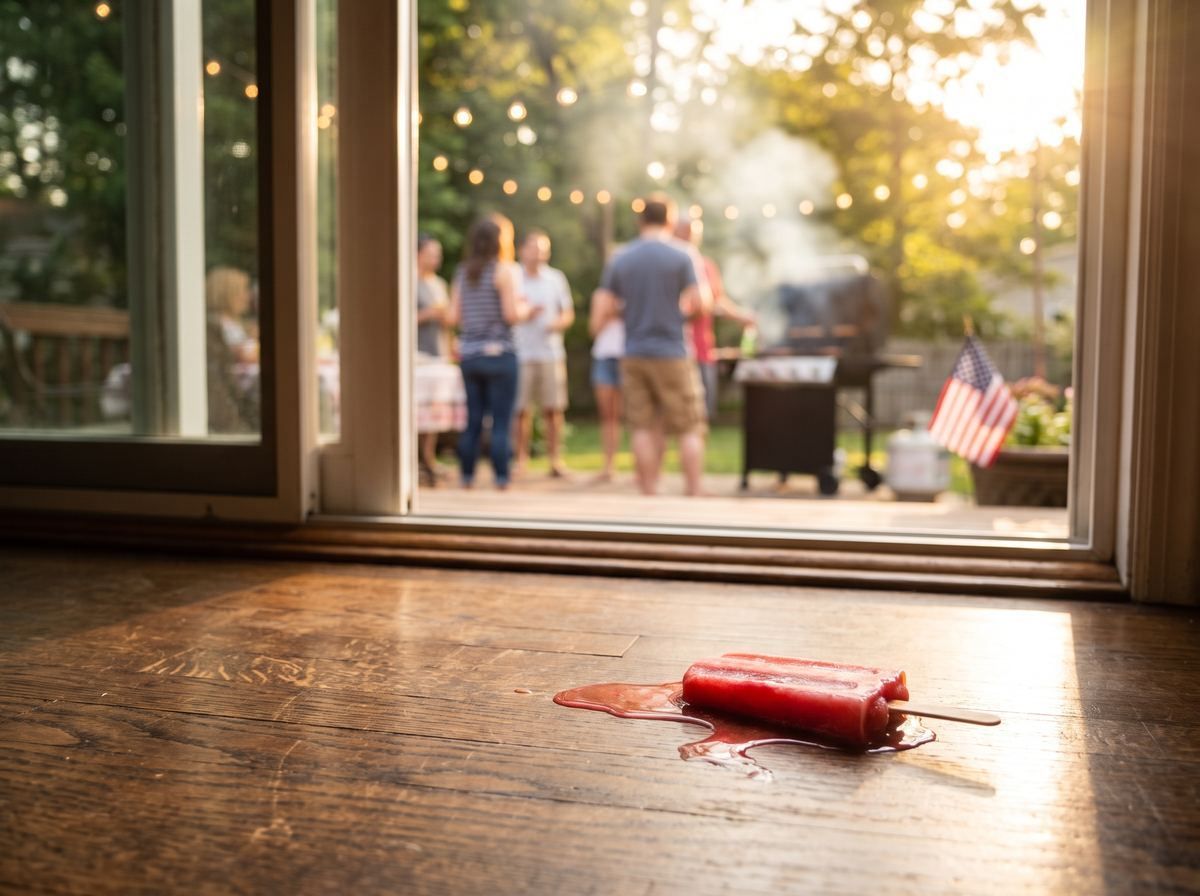 A melting popsicle dripping onto a hardwood floor near an open door to a backyard cookout