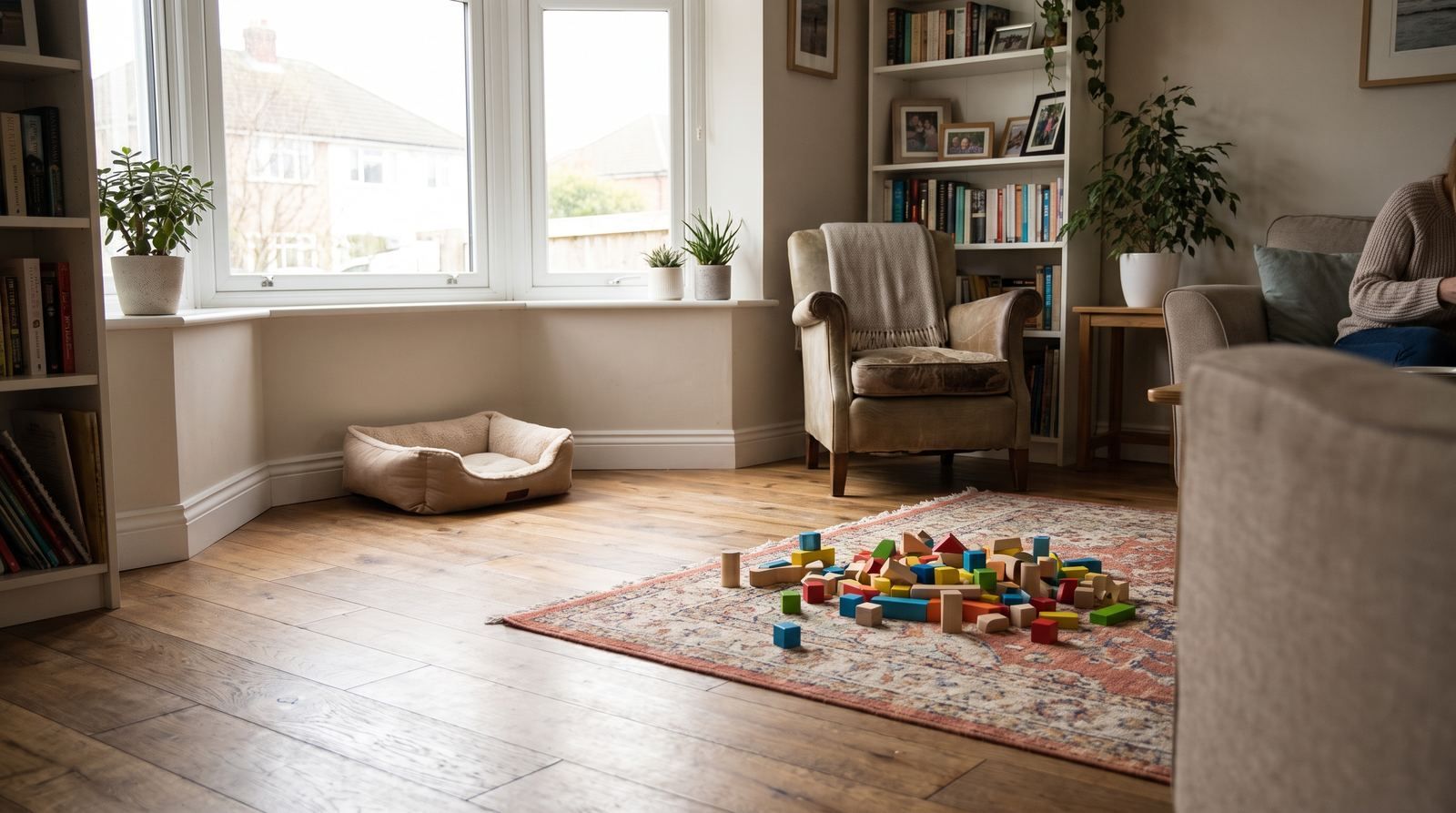 A lived-in family living room with a warm engineered hardwood floor, kids' toys and a dog bed visible