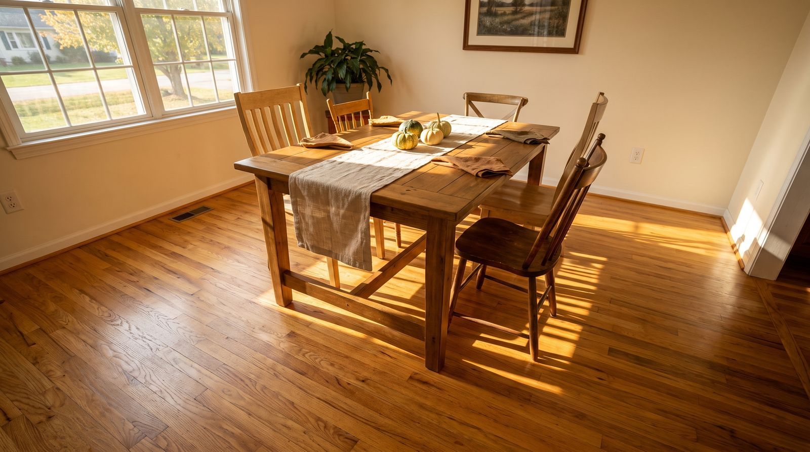 Sunlit dining room with a wooden table, chairs, and place settings on a polished hardwood floor.