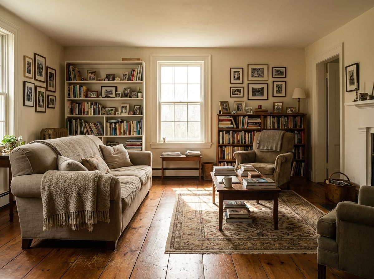 A warm, lived-in living room with solid hardwood flooring, not staged for a sale