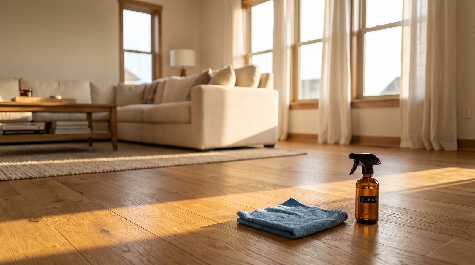 Sunlit hardwood floor with a folded microfiber cloth and spray bottle