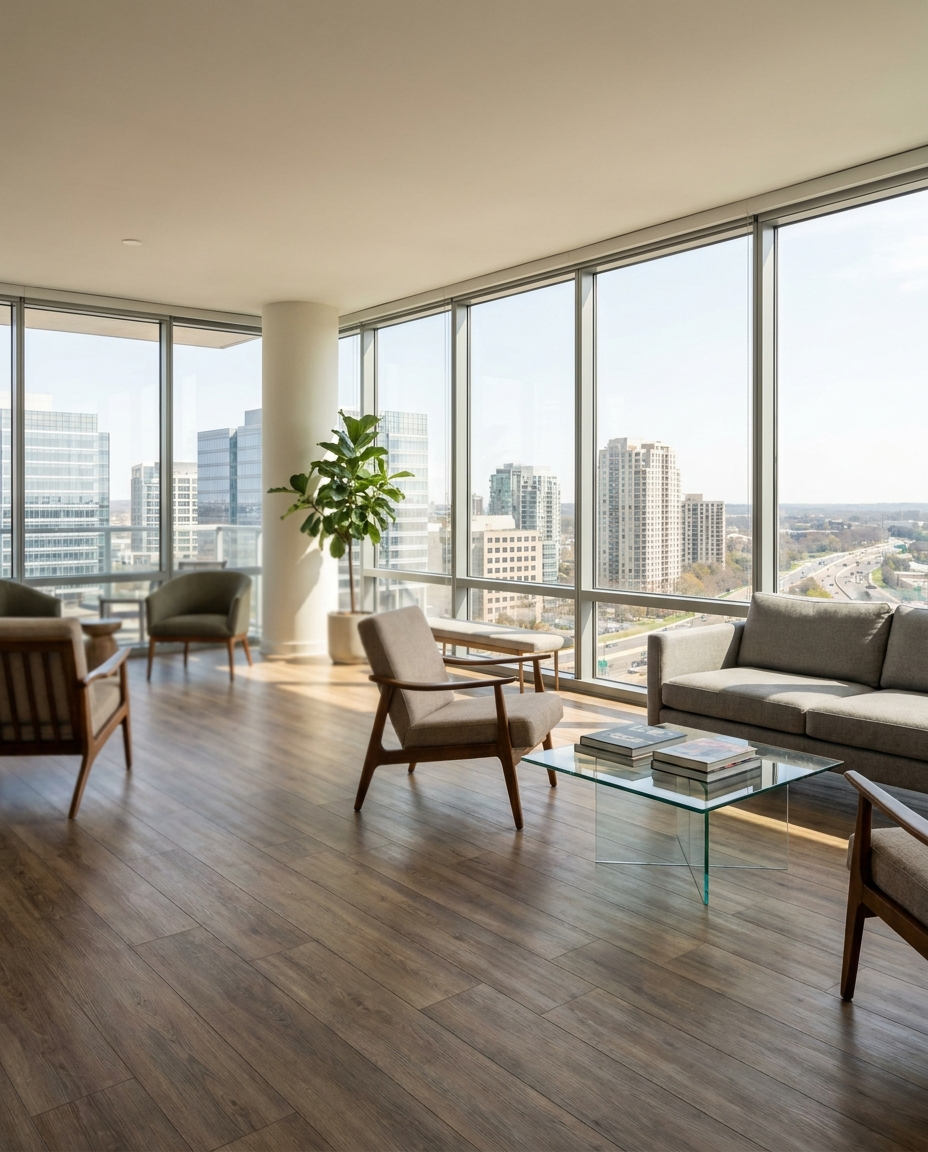 Engineered wood flooring in a modern Tysons, VA condo