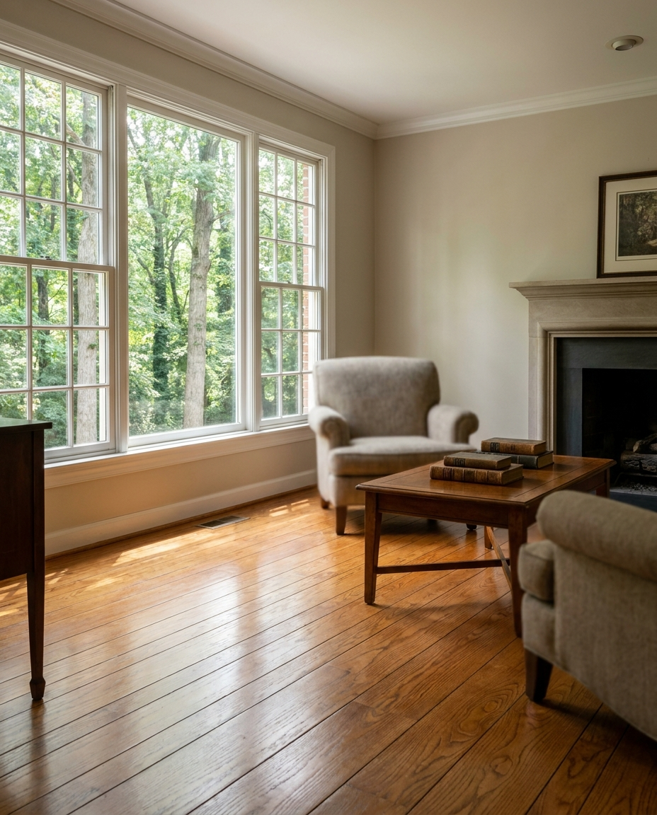 Refinished oak hardwood flooring in an established Oakton, VA home