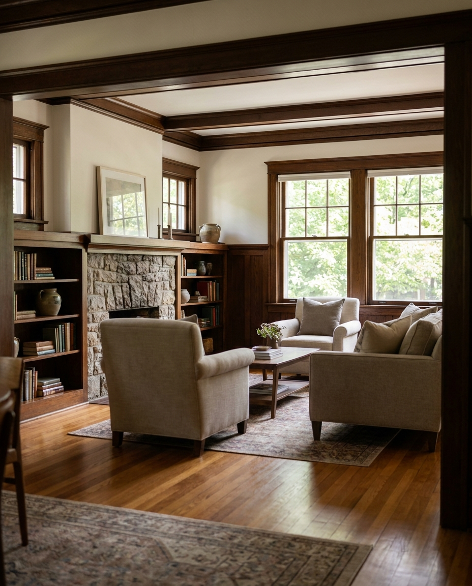 Refinished oak hardwood in a classic Arlington, VA bungalow