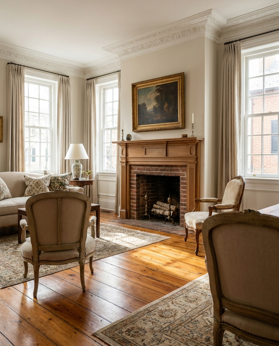 Warm wide-plank hardwood floors in a historic Old Town Alexandria, VA rowhouse