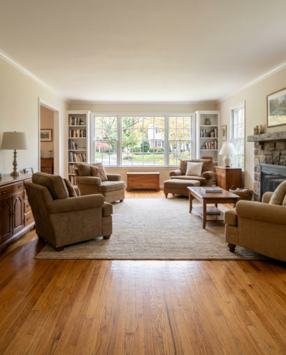 Warm refinished oak hardwood in an established Fairfax, VA colonial home