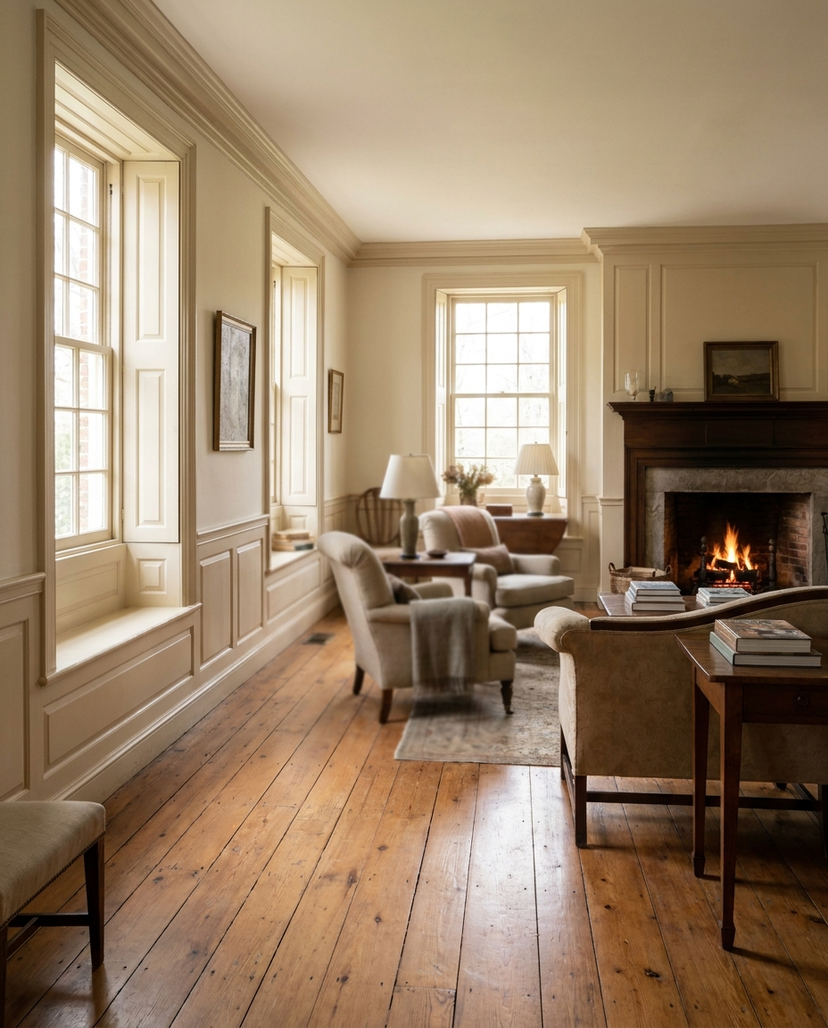 Warm wide-plank hardwood floors in a historic Leesburg, VA home