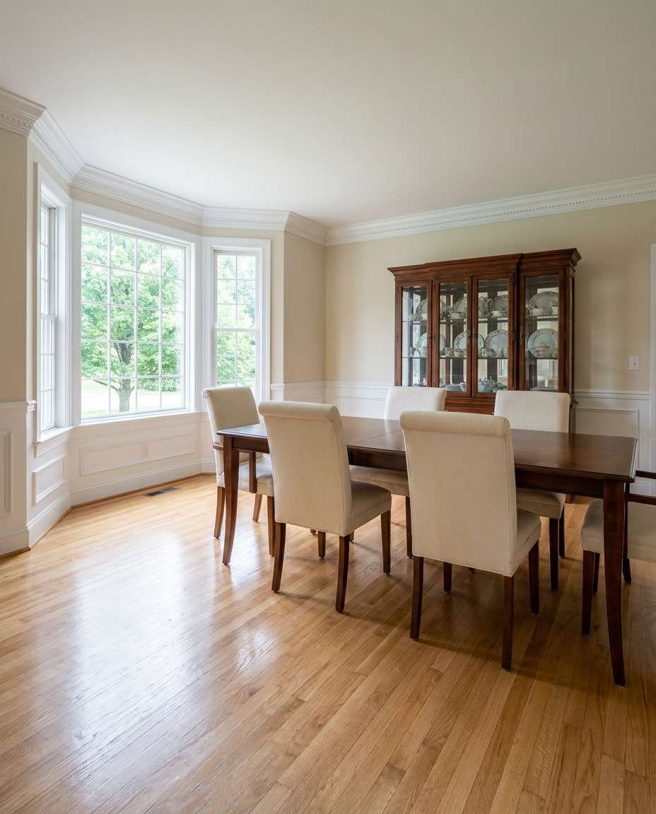 Warm refinished oak hardwood flooring in an Annandale, VA brick colonial