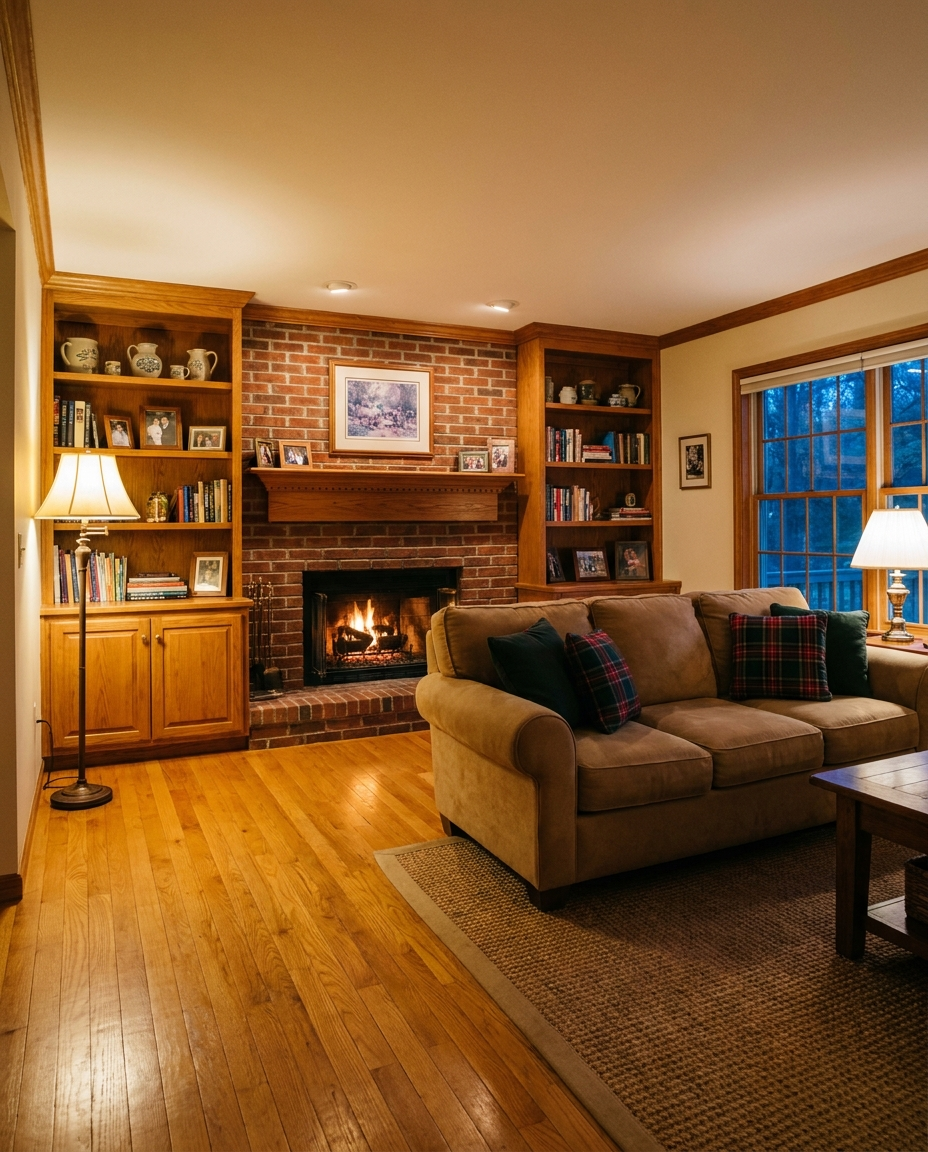Golden oak hardwood flooring in a Centreville, VA family room