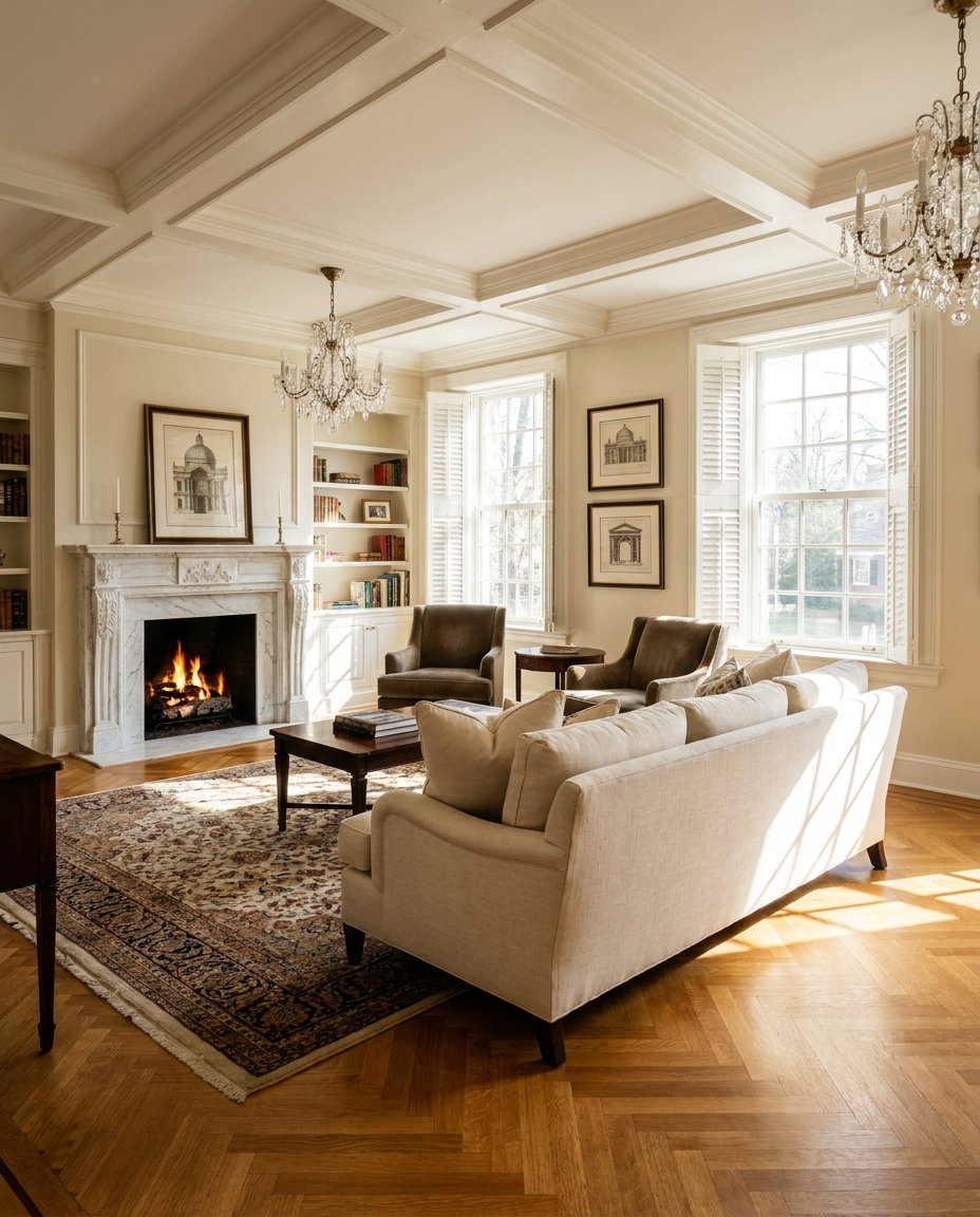 Herringbone oak hardwood flooring in a Bethesda, MD colonial