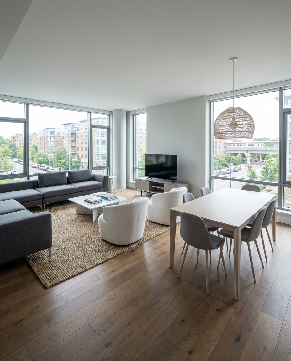 Medium oak hardwood flooring in a modern North Bethesda, MD condo