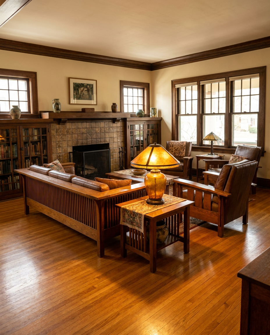 Honey oak hardwood flooring in a 1920s Silver Spring, MD bungalow