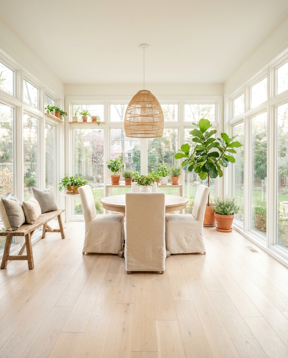 Light oak hardwood flooring in a bright Gaithersburg, MD sunroom