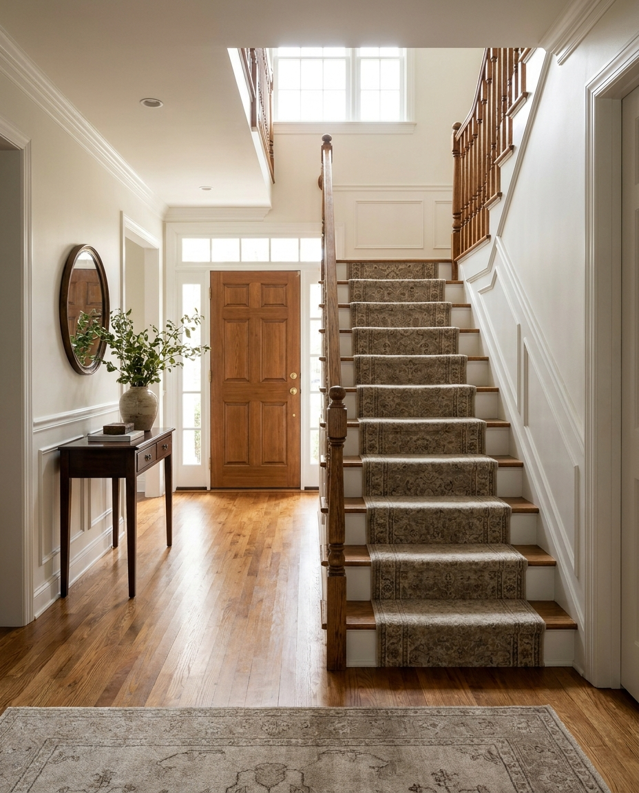 Warm oak hardwood flooring in an Olney, MD colonial entryway