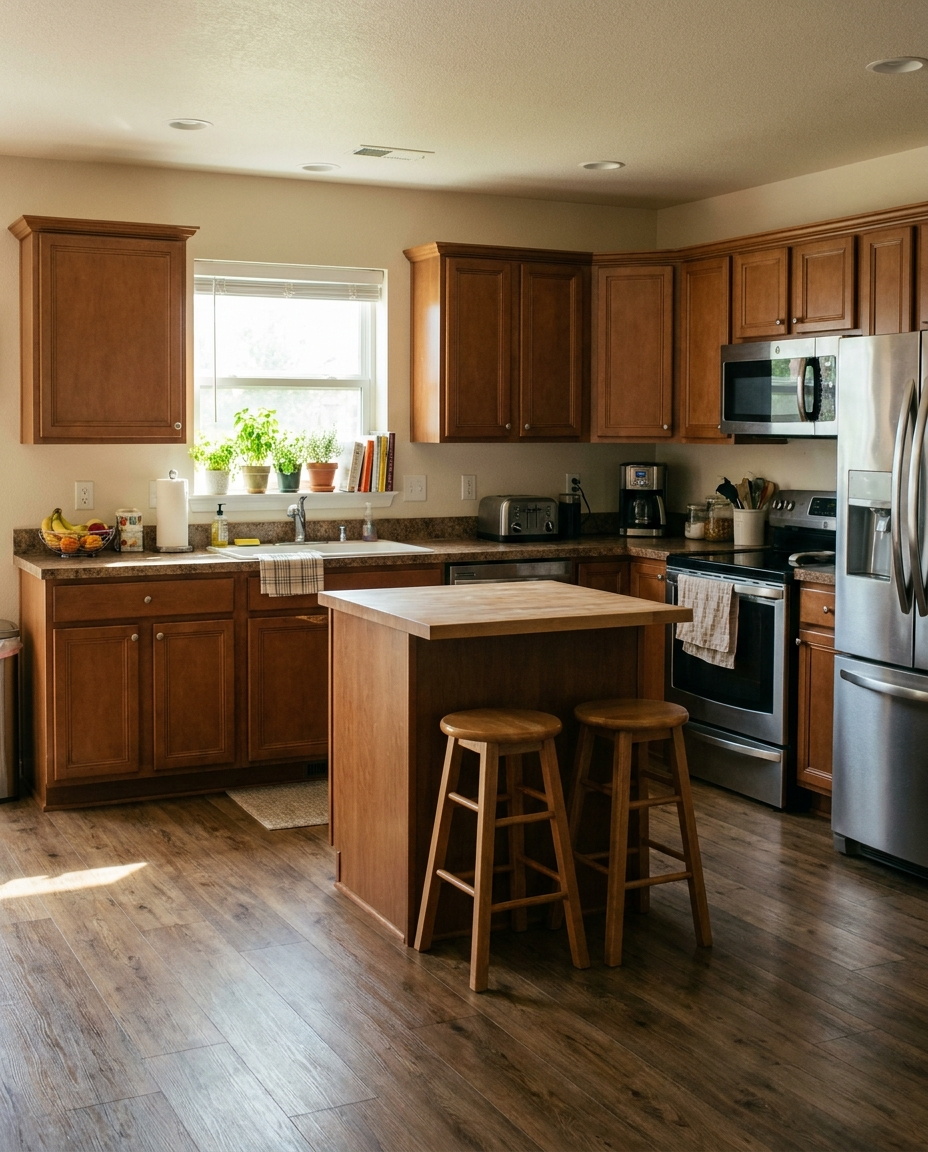 Warm wood-tone flooring in a cozy Laurel, MD kitchen