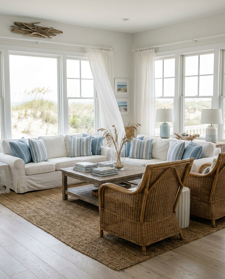 Light coastal wood-look flooring in a Delaware beach house living room