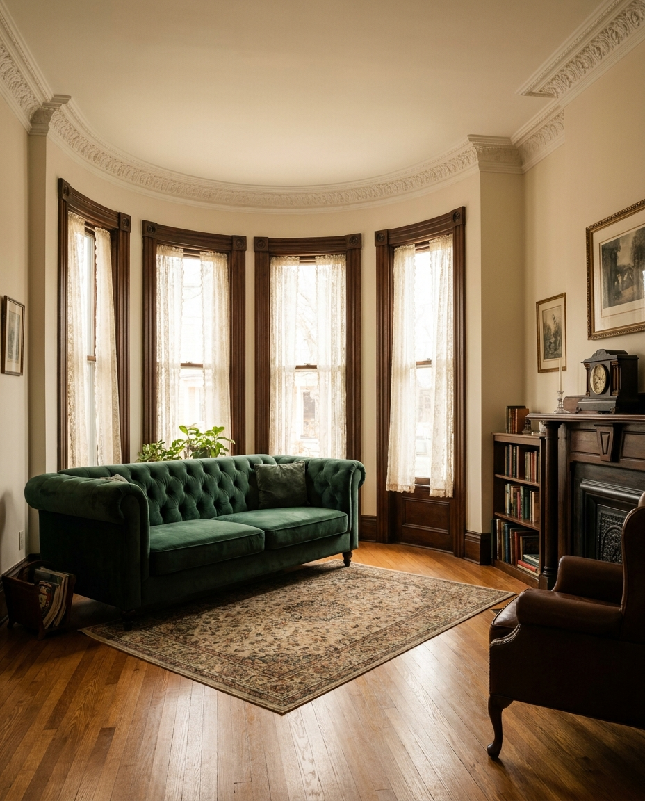 Warm oak hardwood flooring in an Old Town Manassas, VA Victorian home