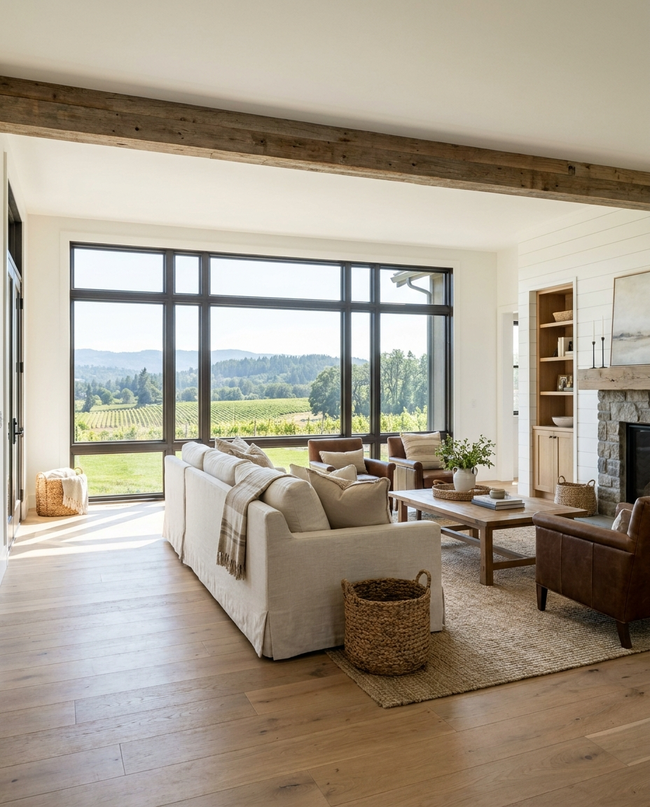 Wide-plank white oak flooring in a western Loudoun, VA farmhouse great room