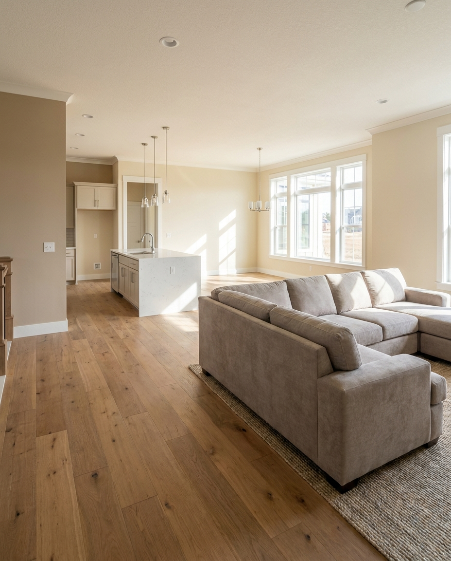 Light oak hardwood flooring in a new-construction Gainesville, VA home
