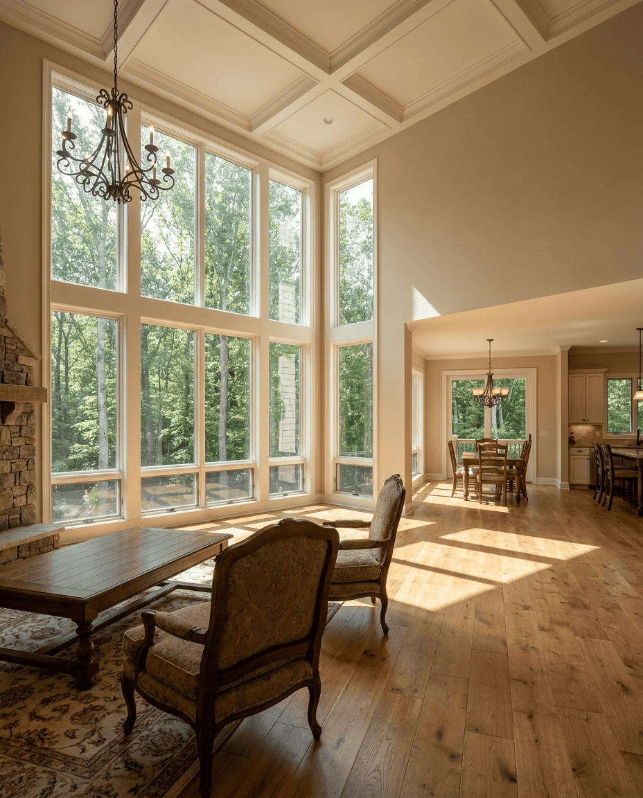 Wide-plank hardwood flooring in a Great Falls, VA estate great room