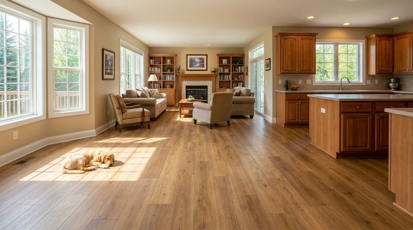 Sunlit open-plan living room and kitchen with wood floors, beige furniture, and large windows