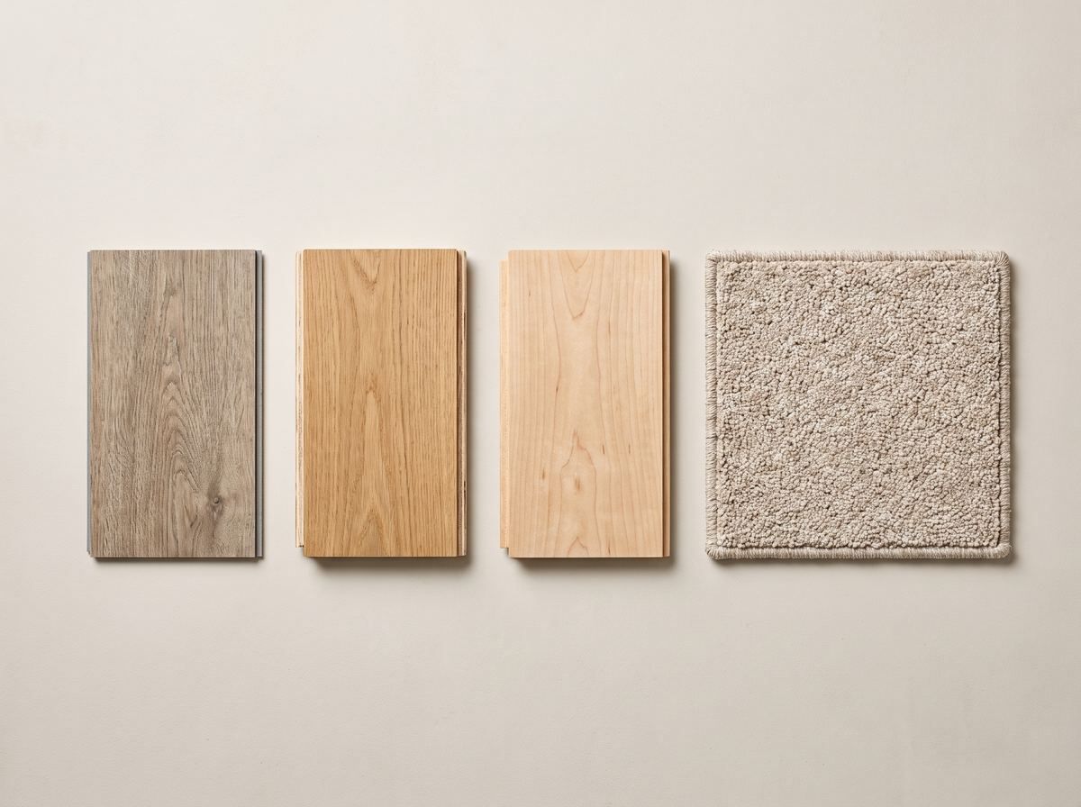 Four flooring samples side by side: luxury vinyl plank, engineered hardwood, solid hardwood, and carpet