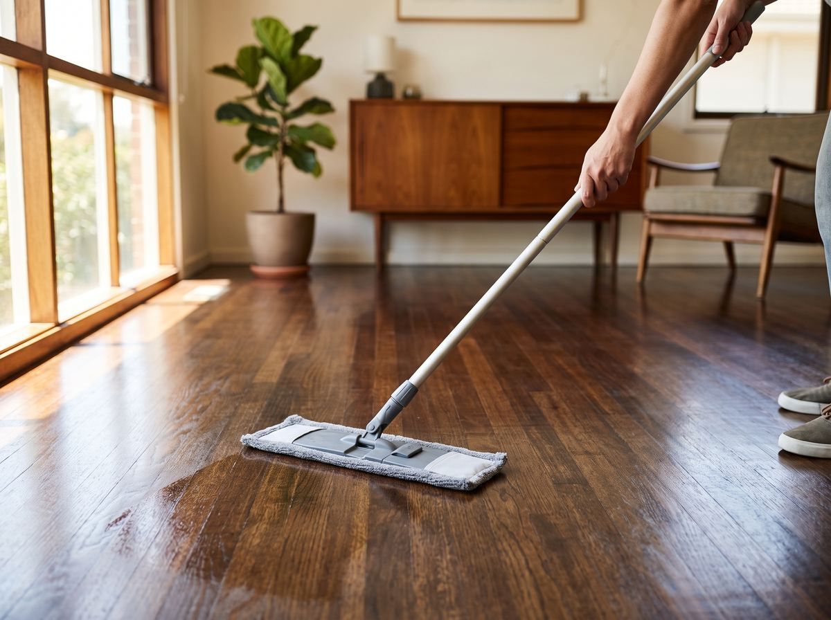 Mopping a hardwood floor with a damp microfiber mop, following the wood grain