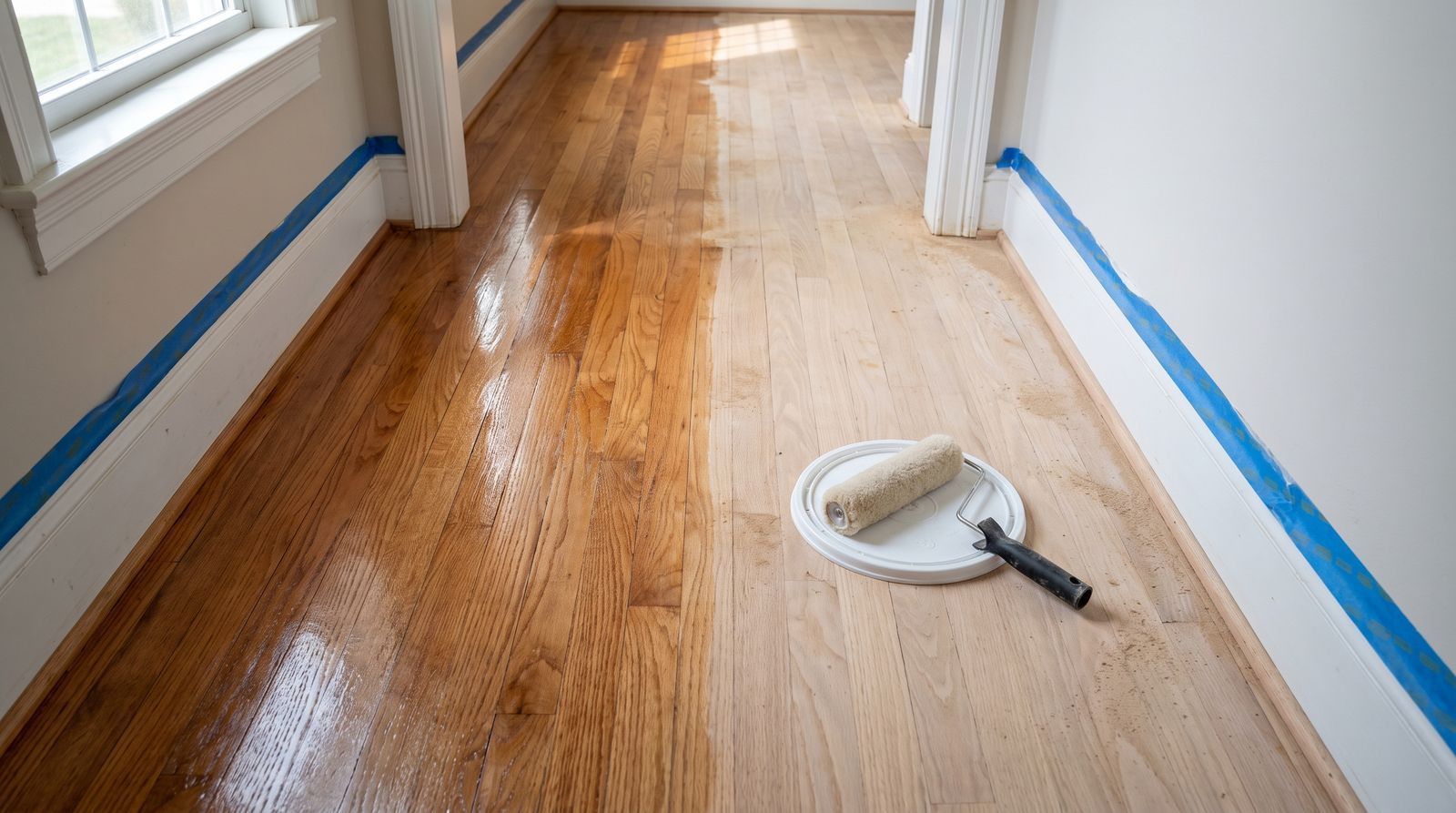 Hardwood floor mid-refinish with a freshly coated section next to bare sanded wood