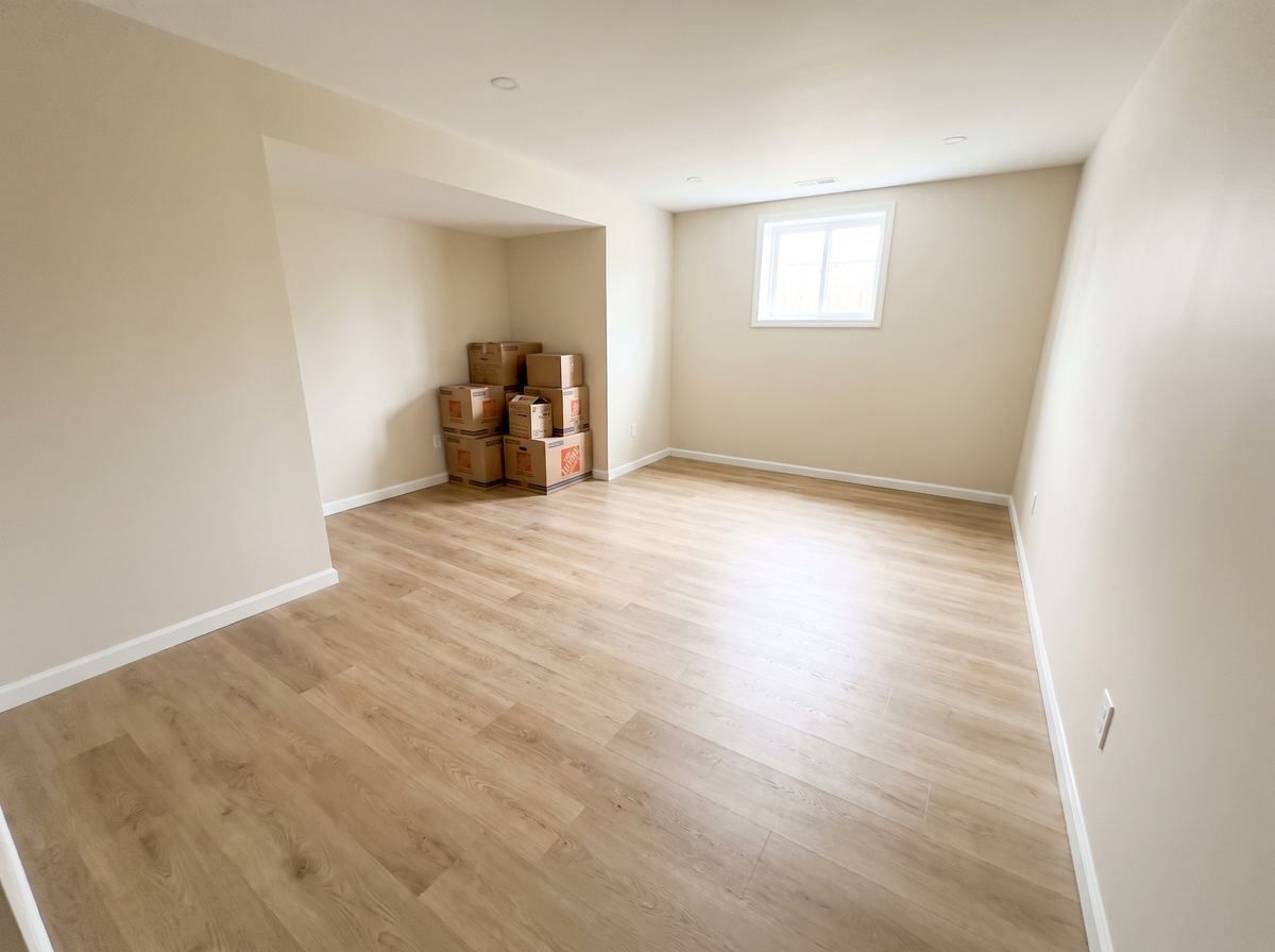 A clean, freshly installed basement rental unit with waterproof vinyl plank flooring