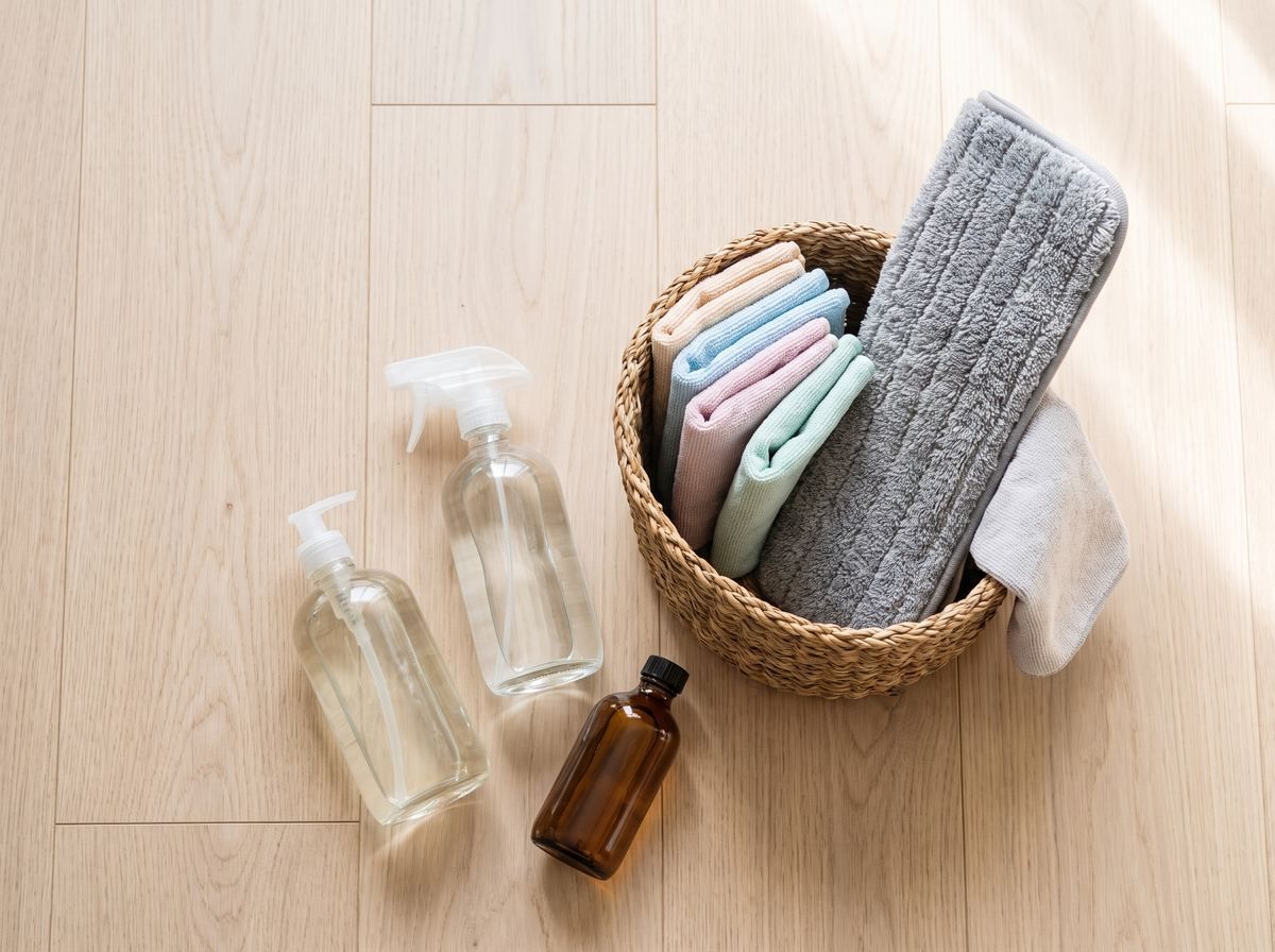 Spill kit basket with microfiber cloths, spray bottle, dish soap, and vinegar