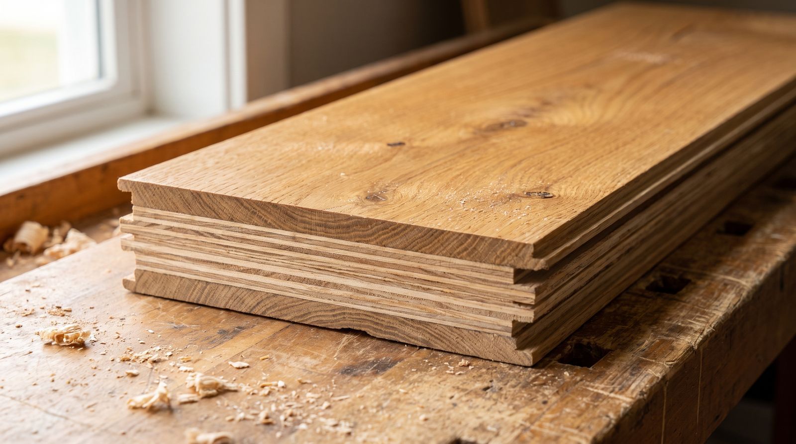 Close-up cross-section of engineered hardwood flooring showing the real wood top layer and layered core underneath