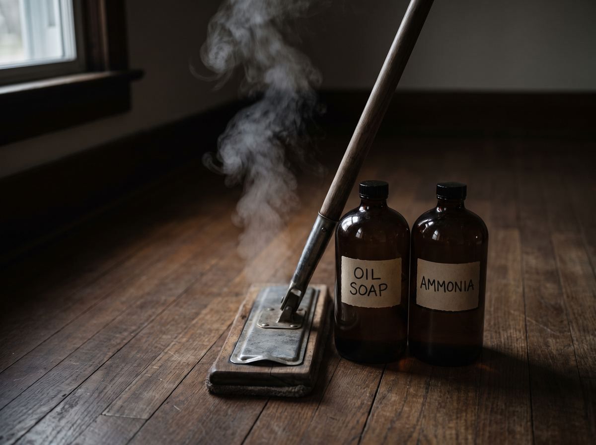 A steam mop, oil soap, and ammonia bottle arranged as items to avoid on hardwood