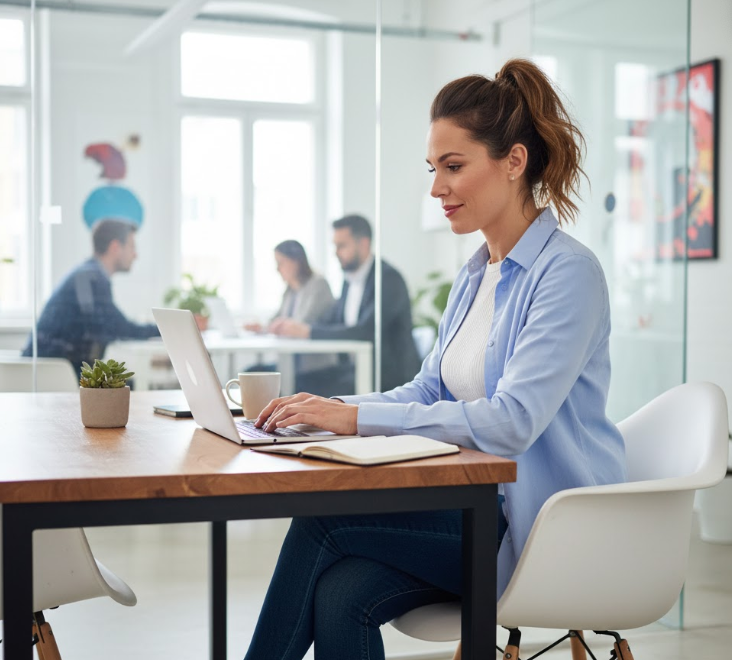 Woman at desk in office, typing on laptop. Colleagues in background.