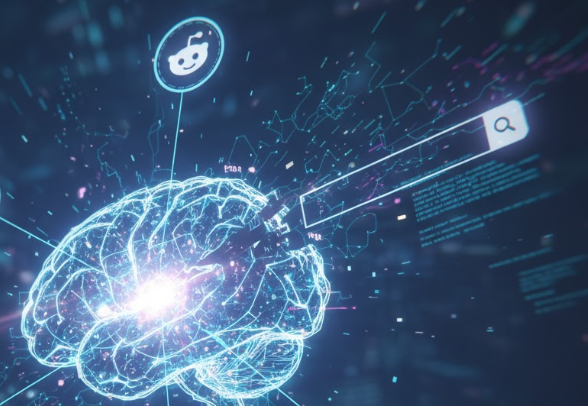 Glowing digital brain with search bar and floating icons on a dark tech background