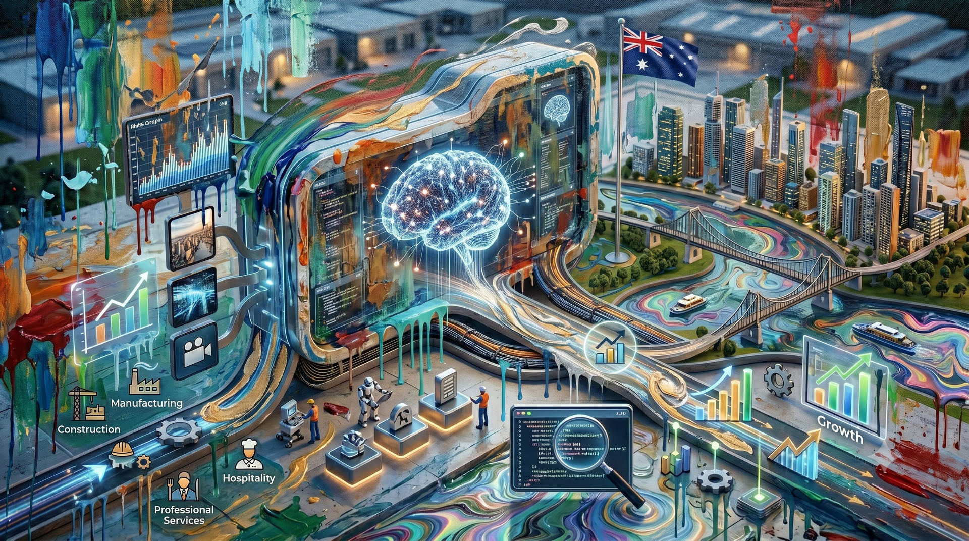 Futuristic city control center with glowing holographic globe, data screens, roads, and skyscrapers at night