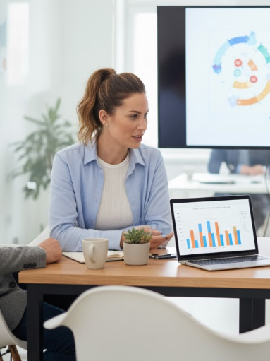 Woman presenting data on laptop and screen in office meeting.