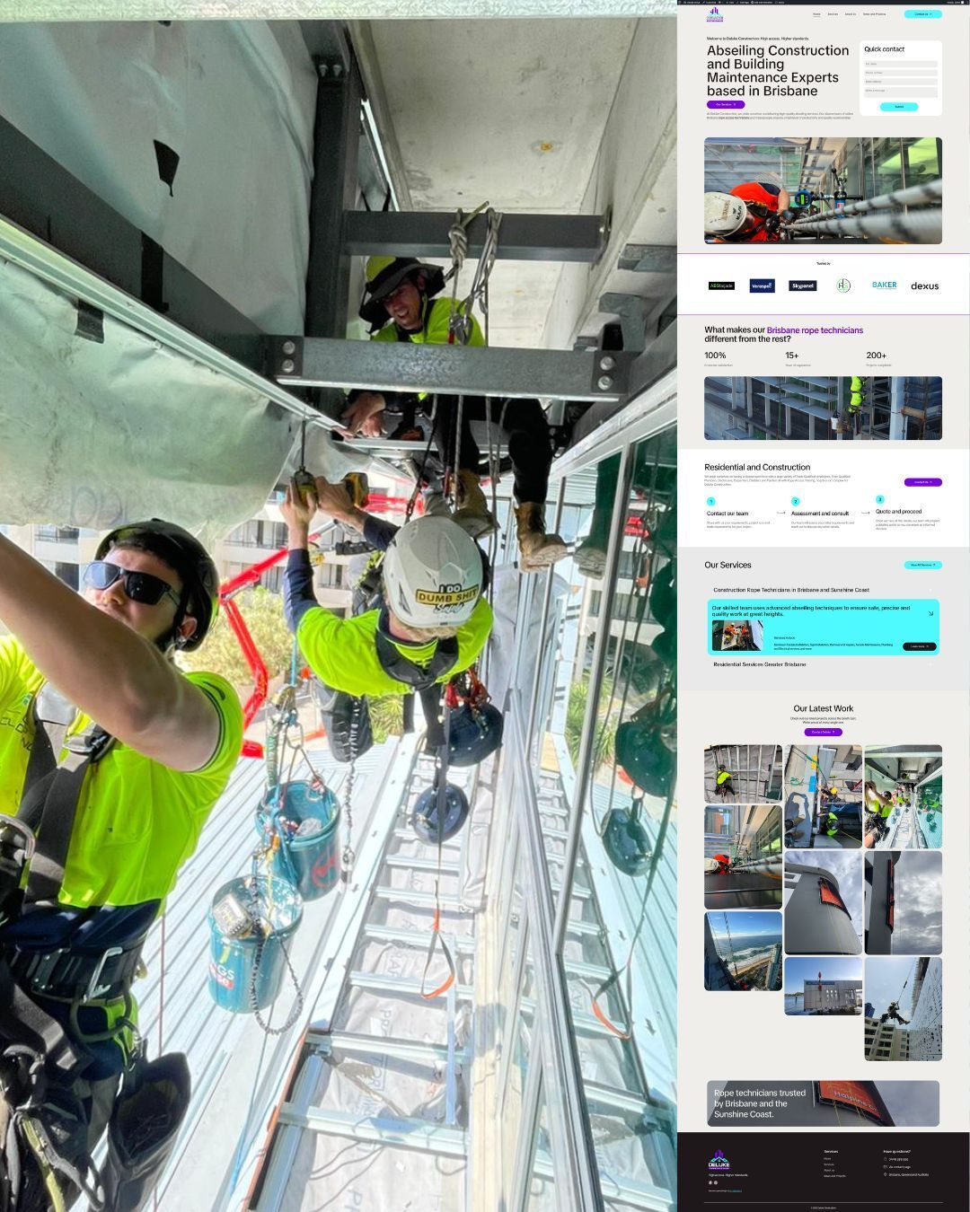 Workers in neon safety vests suspended on ropes inside a high-rise construction shaft