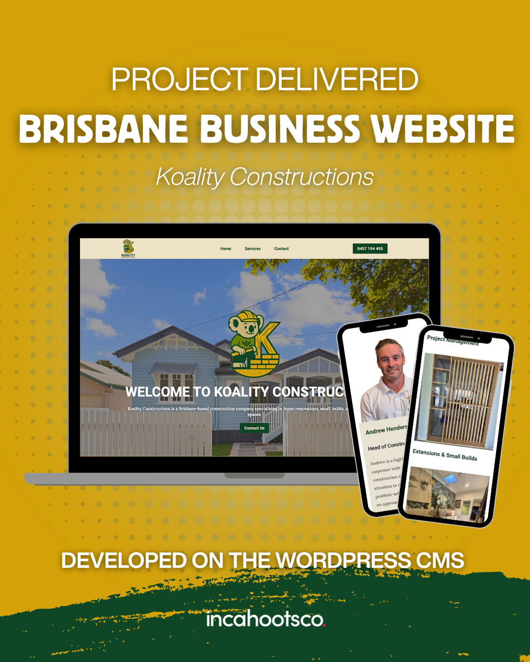 Promo for Brisbane business website by, showing laptop and phone mockups on a yellow-green background