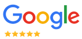 Google logo with five gold star ratings beneath it