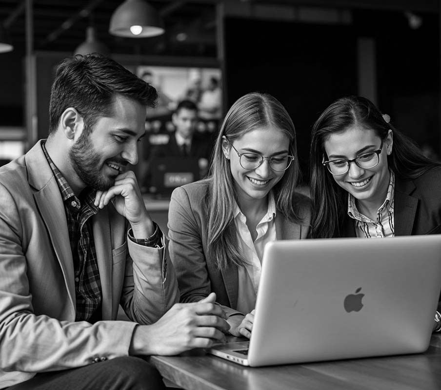 Three people smiling and collaborating around a laptop at a table in a cafe