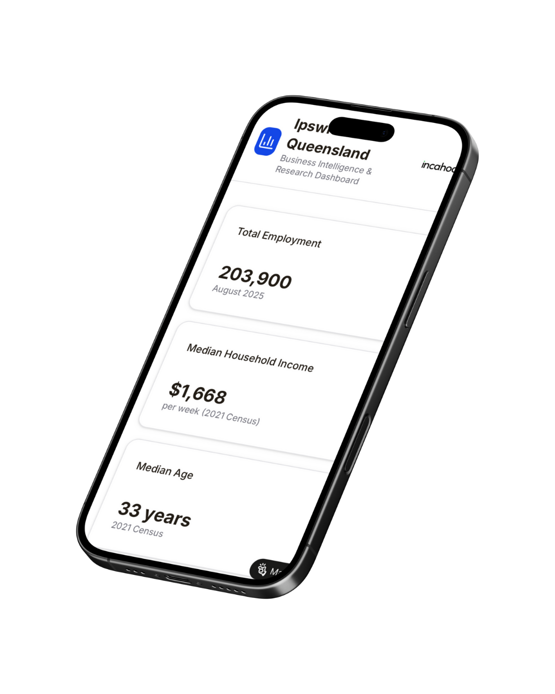 Angled smartphone showing a finance app with balance, income, and age details on a white screen