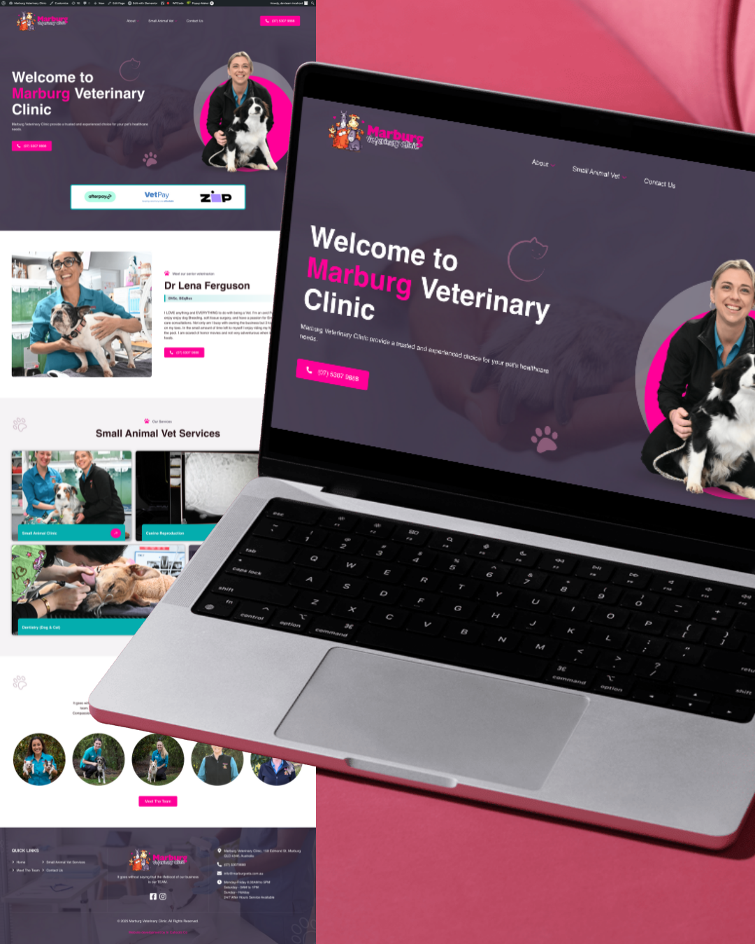 Laptop displaying a dark-themed veterinary clinic website with pink accents and pet care photos