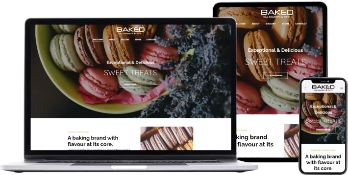 Website mockups on laptop, tablet, and phone showing colorful macarons and dessert branding