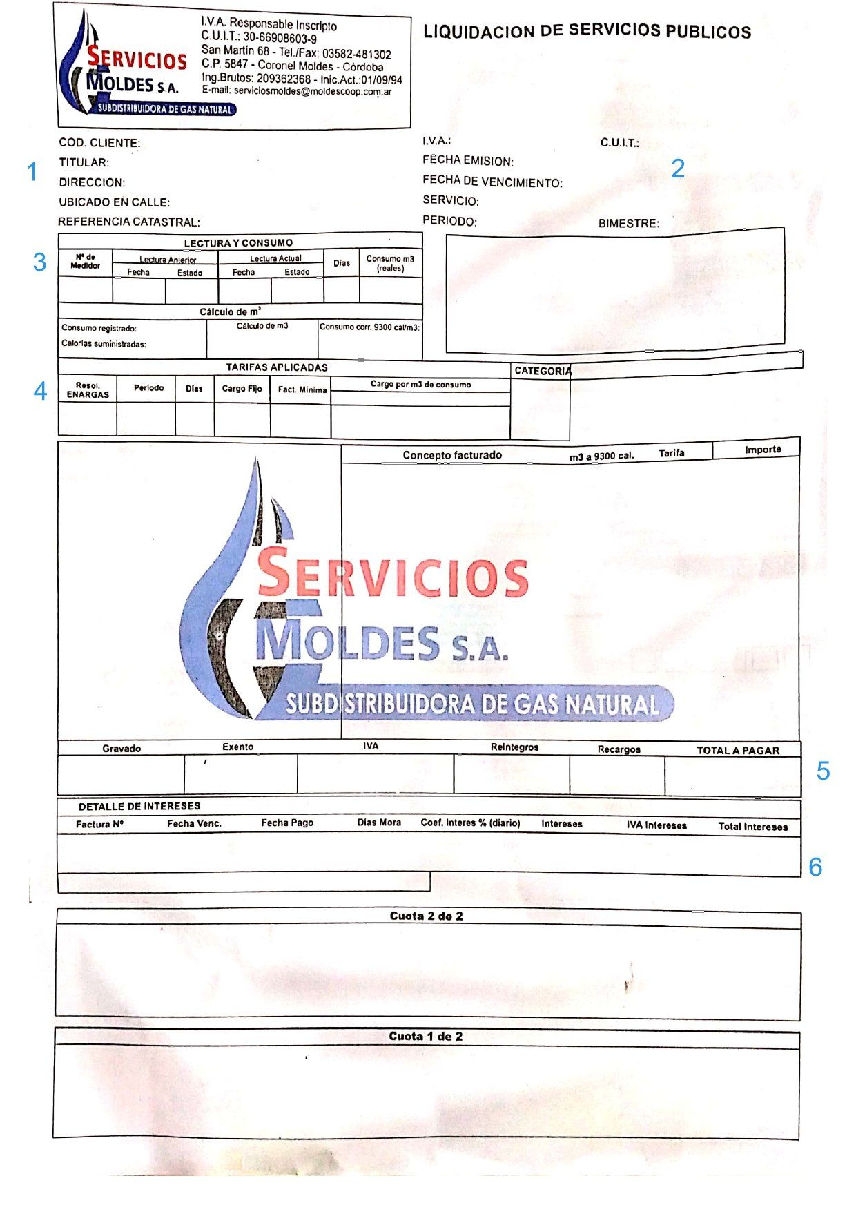 Factura de gas de Servicios Moldes SA con texto y secciones etiquetadas del 1 al 6 para mayor detalle.