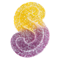 A two-toned yellow and purple swirl candy covered in sugar crystals.